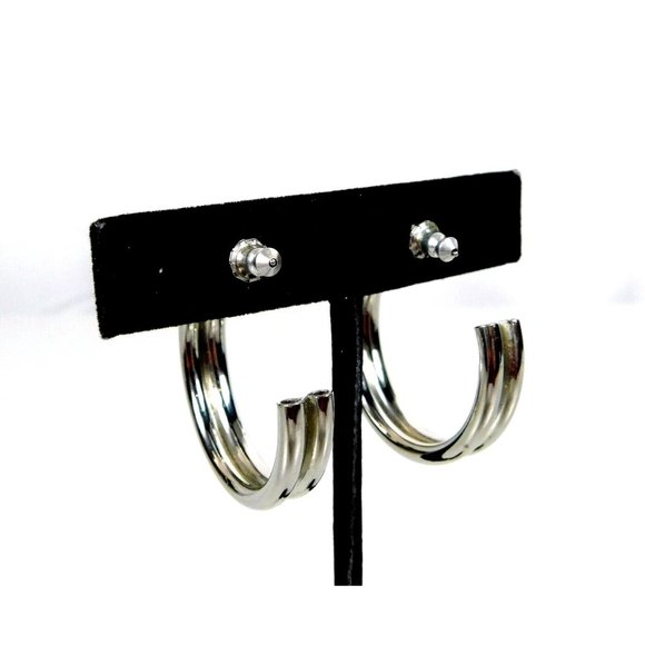 Silver Tone Double Hoop Hollow Pierced Earrings Pushback Closure - Picture 5 of 6